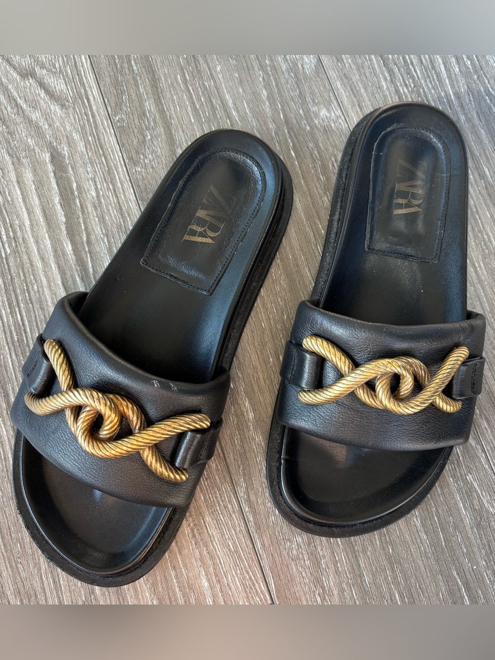 Zara Leather Black Slides with Gold Rope Knot Detail